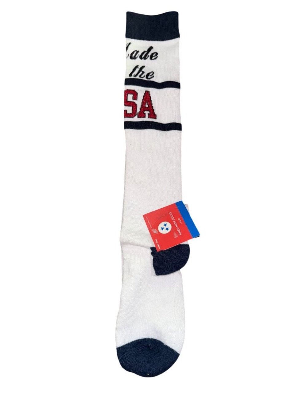 Made In USA Knee-High Socks White & Navy Crew Style Cotton Blend